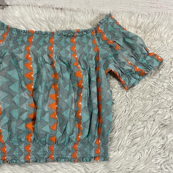Anthropologie Blue and Orange Smocked Puff Sleeve Blouse - Picture 8 of 10